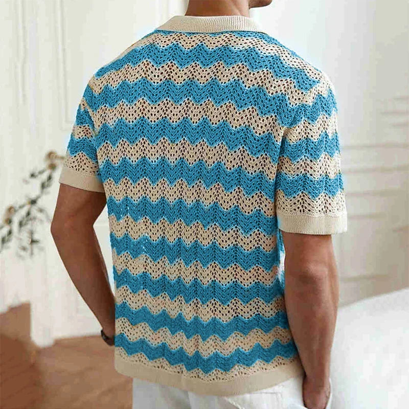 Back view of blue and beige crochet knit short sleeve button shirt, breathable summer shirt