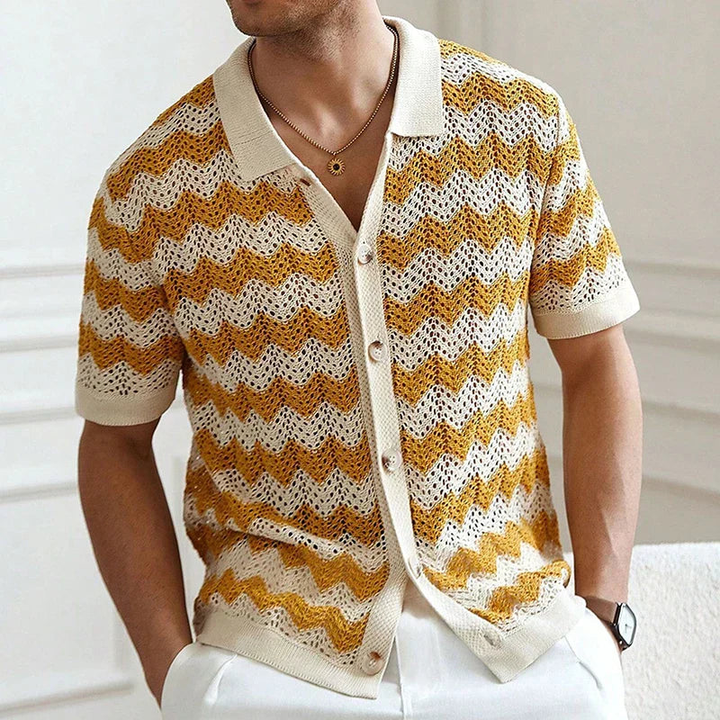 Mustard yellow and beige crochet knit short sleeve button shirt with zigzag stripes, men's shirt