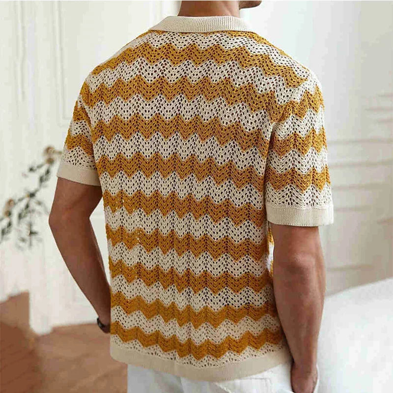 Back view of mustard yellow and beige crochet knit short sleeve button shirt, men's summer top