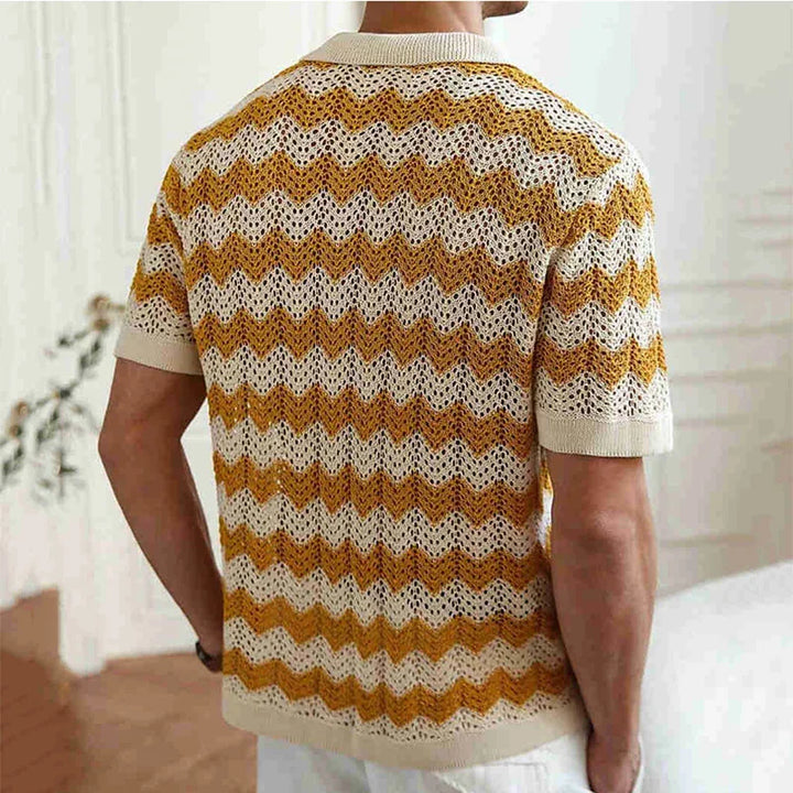 Back view of mustard yellow and beige crochet knit short sleeve button shirt, men's summer top