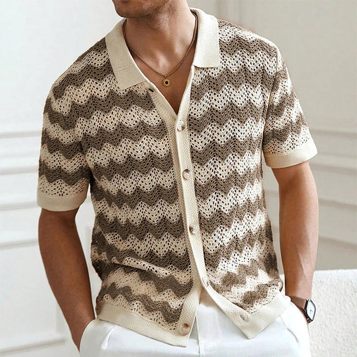 Beige and brown crochet knit short sleeve button shirt with zigzag stripes, men's summer shirt