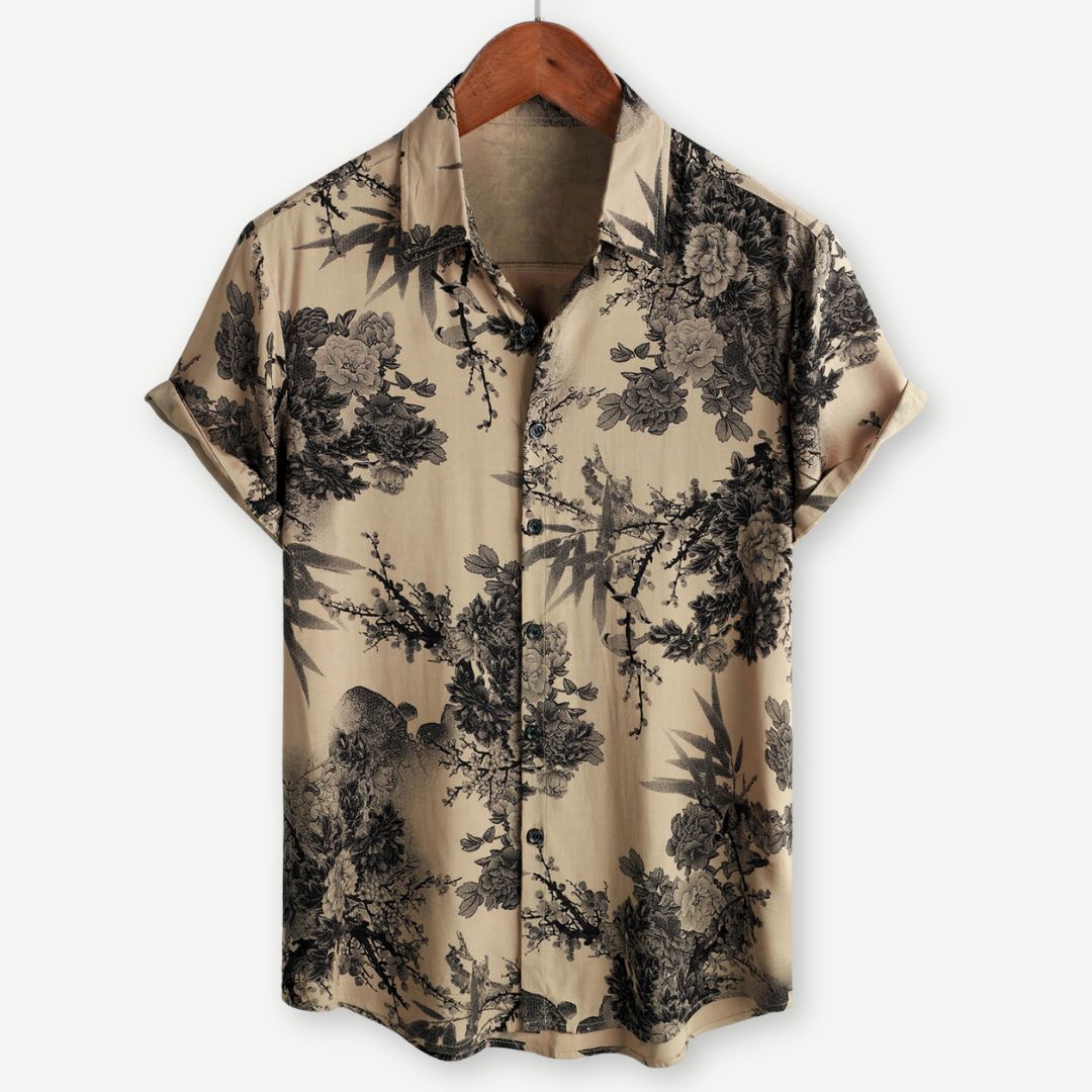 Men's summer floral button down shirt in beige with black botanical print, front view