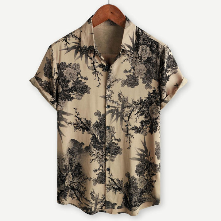 Men's summer floral button down shirt in beige with black botanical print, front view