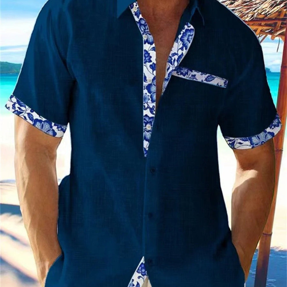 Navy short sleeve shirt with blue floral trim, casual summer shirt for men