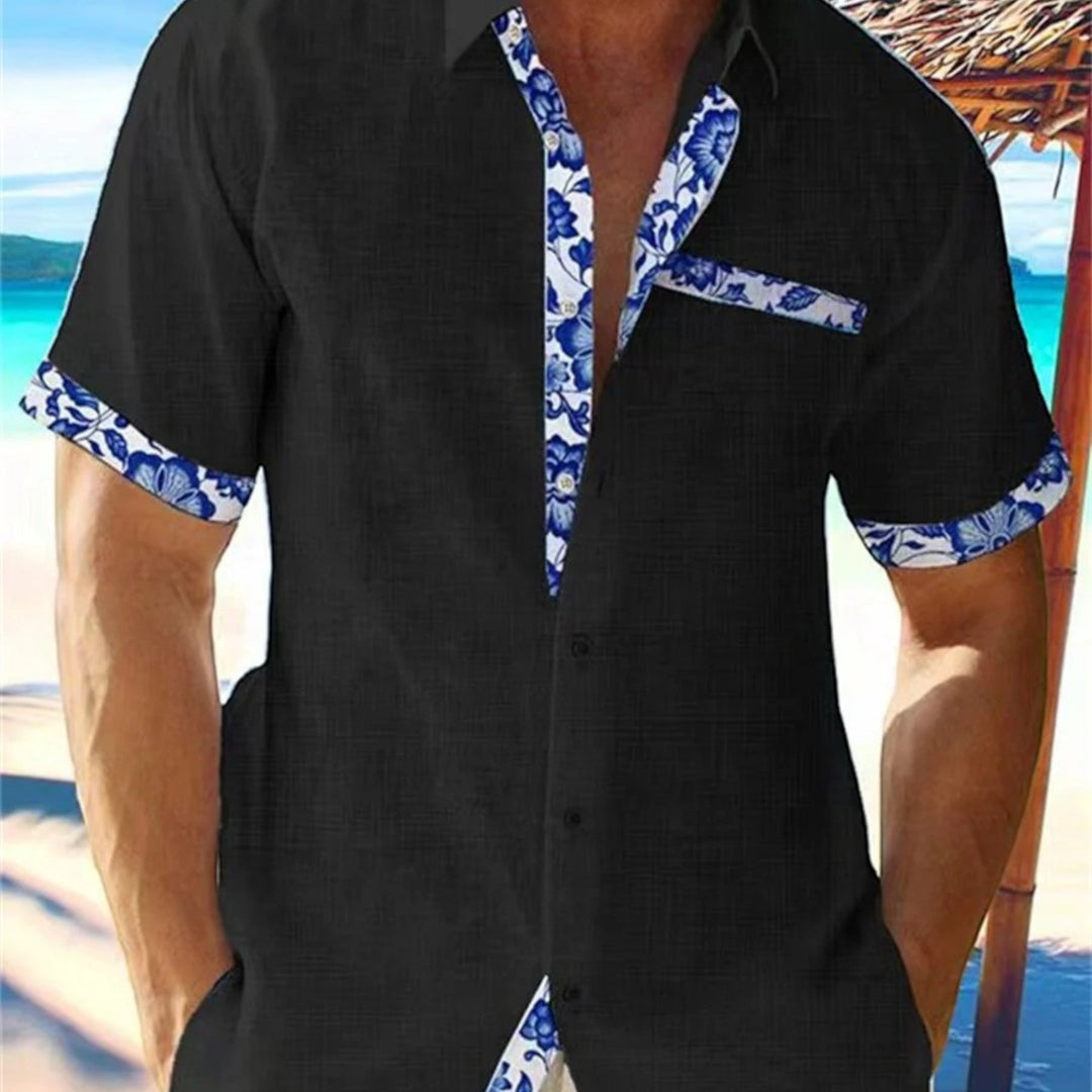Black short sleeve shirt with blue floral trim, lightweight men's summer shirt