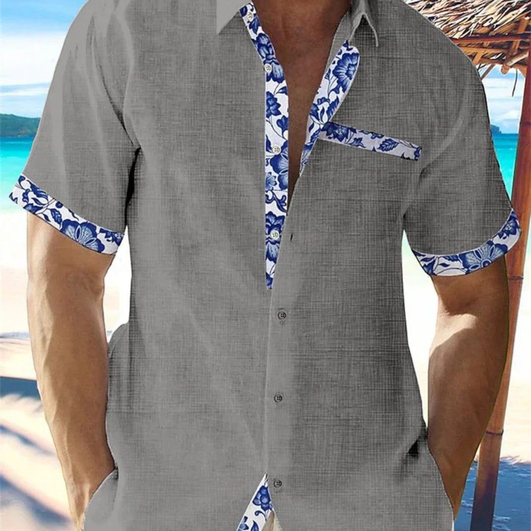 Gray short sleeve shirt with blue floral trim, men's casual beach shirt