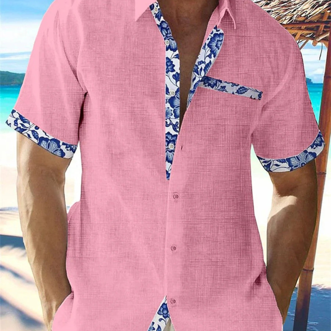 Pink short sleeve shirt with blue floral trim, men's summer shirt with button front