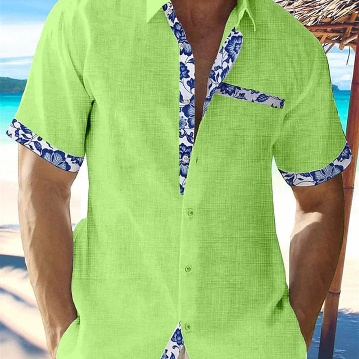Lime green short sleeve shirt with blue floral trim, men's casual beach shirt