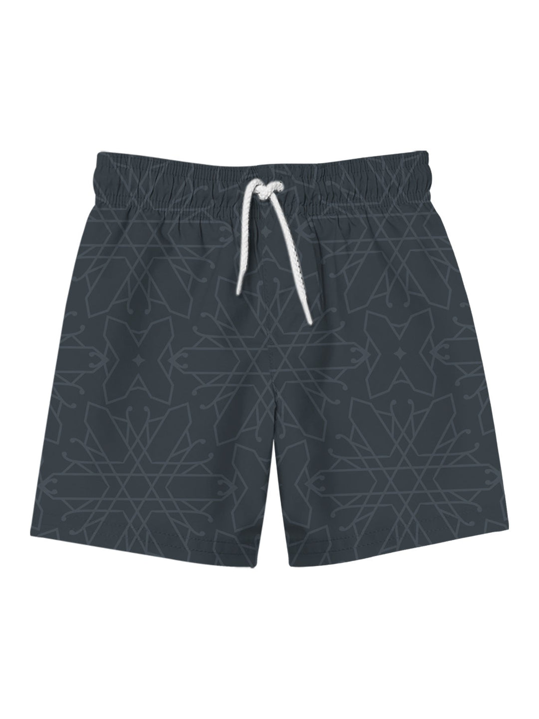 Rear view of black men's swim shorts with pockets, geometric print, and knee-length cut