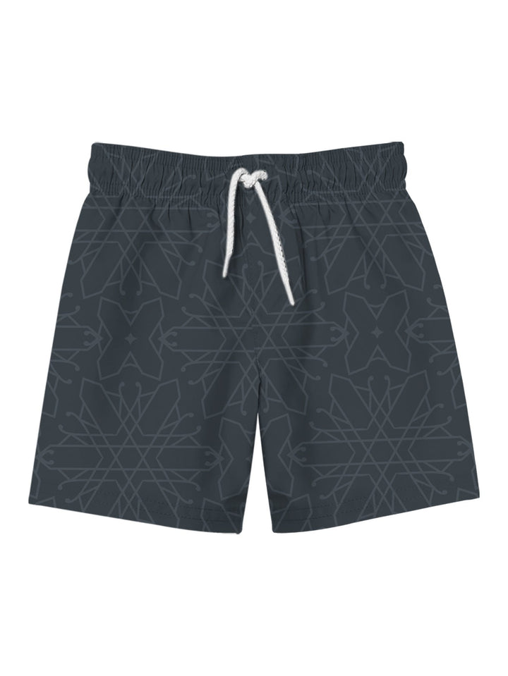 Rear view of black men's swim shorts with pockets, geometric print, and knee-length cut