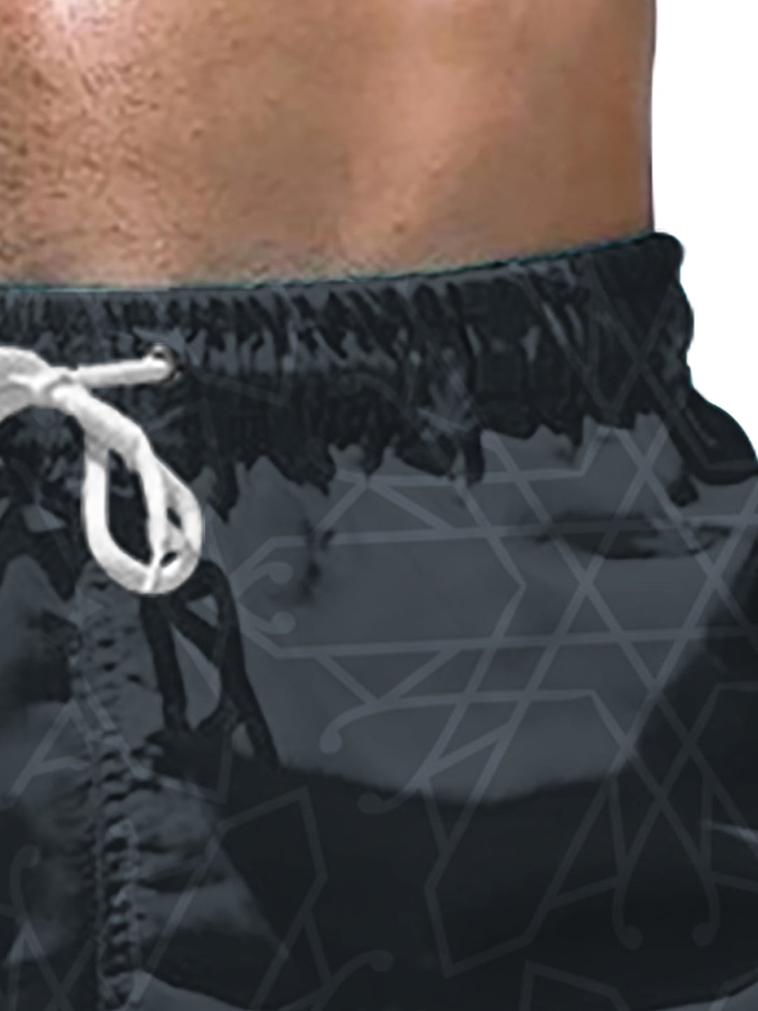 Close-up of black summer swim shorts showing geometric print and hem stitching
