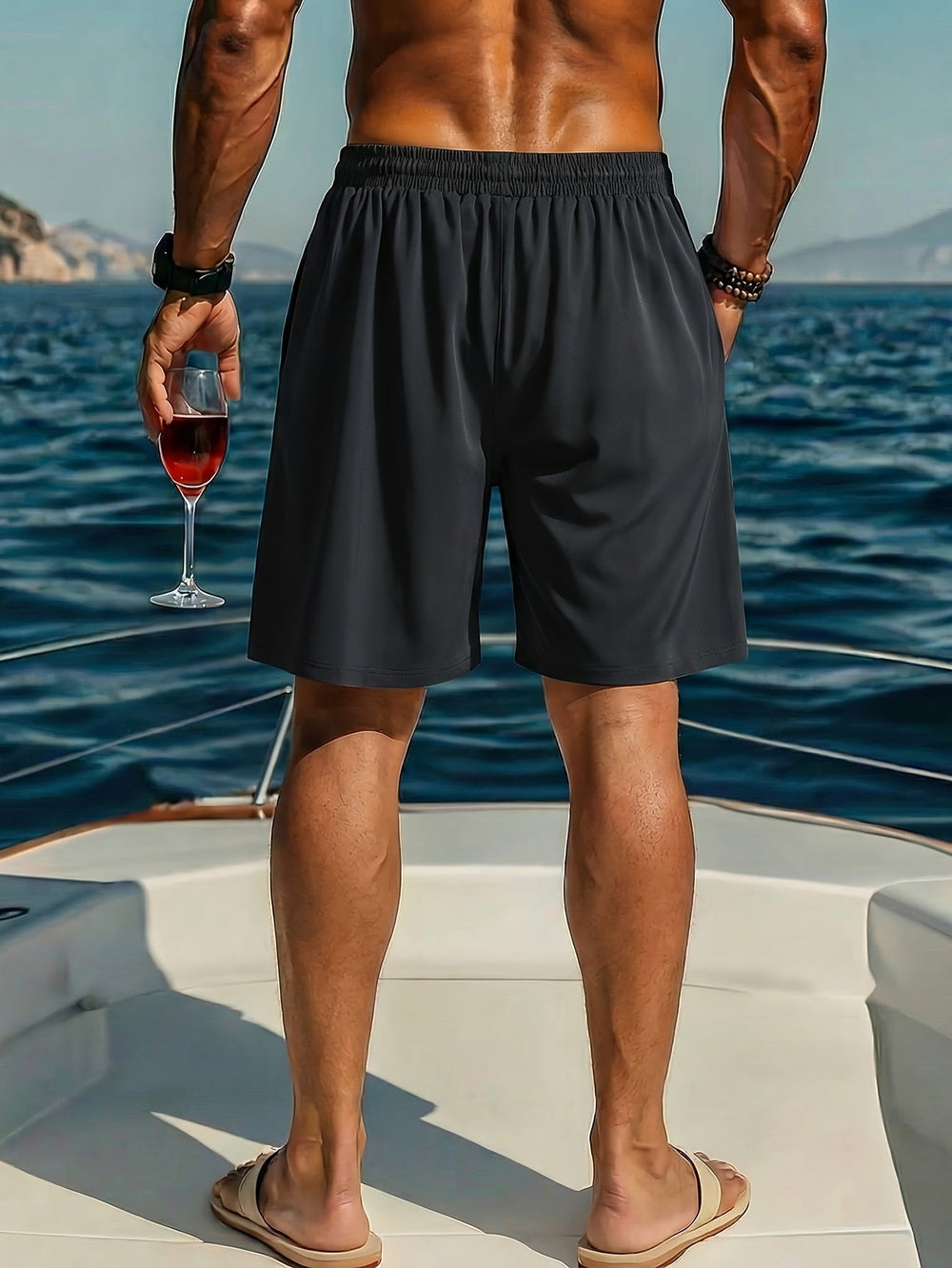 Back view of men's black gradient swim shorts with elastic waistband and beach-ready fit