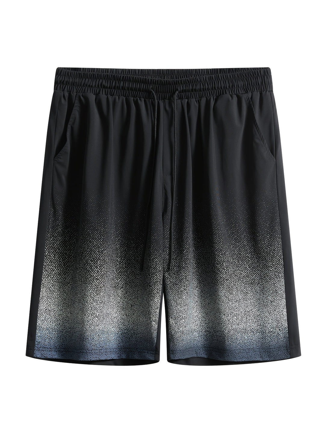 Flat lay of men's black gradient swim shorts with speckled hem and side pockets