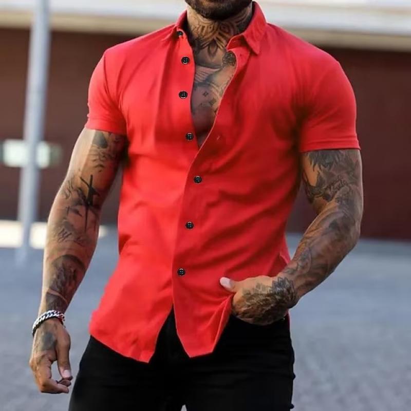 Red short sleeve lapel shirt for men with button front and fitted summer design