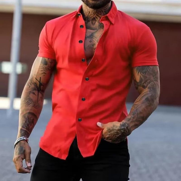 Red short sleeve lapel shirt for men with button front and fitted summer design