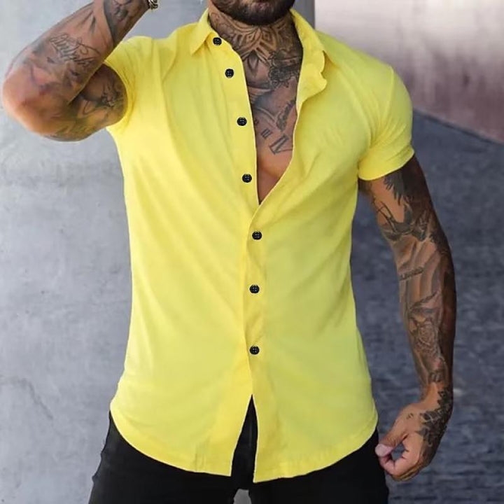 Yellow men's summer lapel short sleeve button down shirt with black buttons and fit