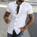 White short sleeve button down shirt with lapel collar shown outdoors on a model