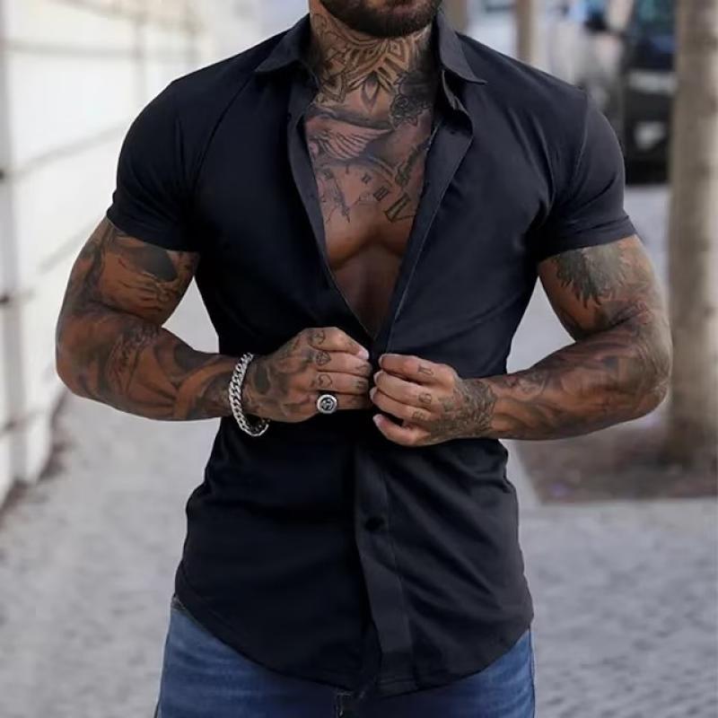 Black fitted short sleeve button down shirt with open collar and casual summer style