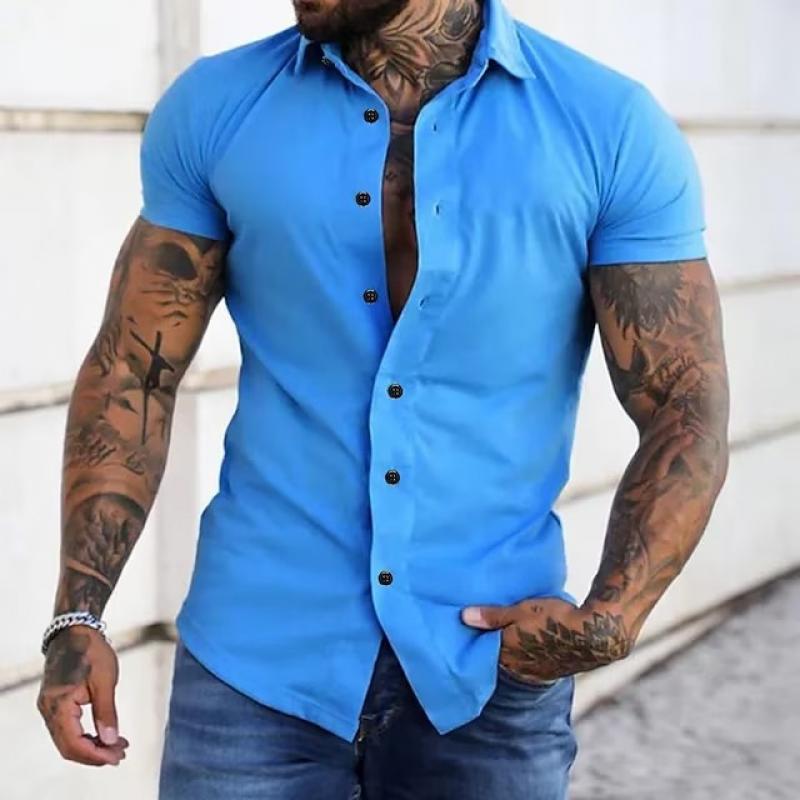 Light blue men's lapel short sleeve shirt with button front and tailored fit