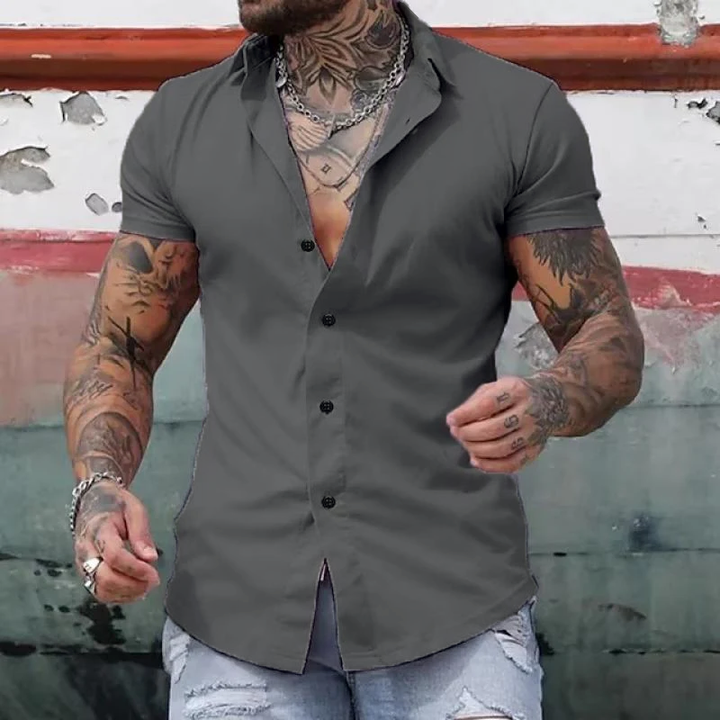 Gray short sleeve button down shirt with lapel collar and casual mens summer style