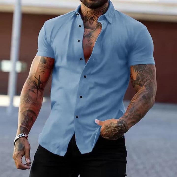 Sky blue men's short sleeve button down shirt with lapel collar and fitted cut