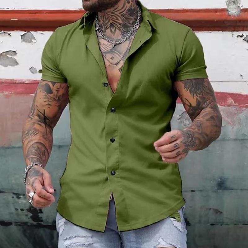 Olive green lapel collar shirt for men with short sleeves and button front