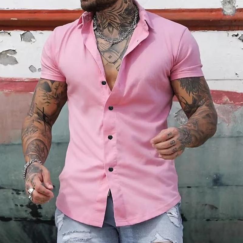 Pink men's summer button down shirt with short sleeves, lapel collar, and fit