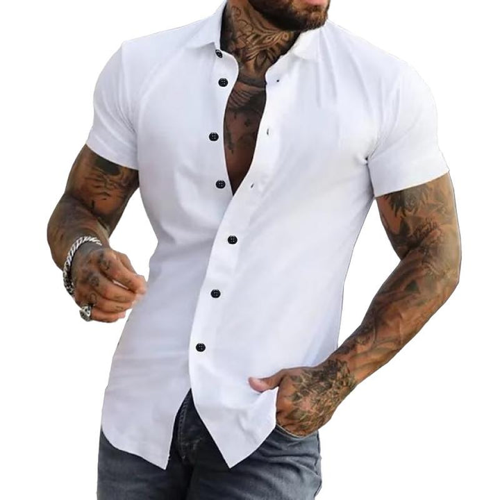 White men's summer lapel short sleeve button down shirt with black buttons and fit