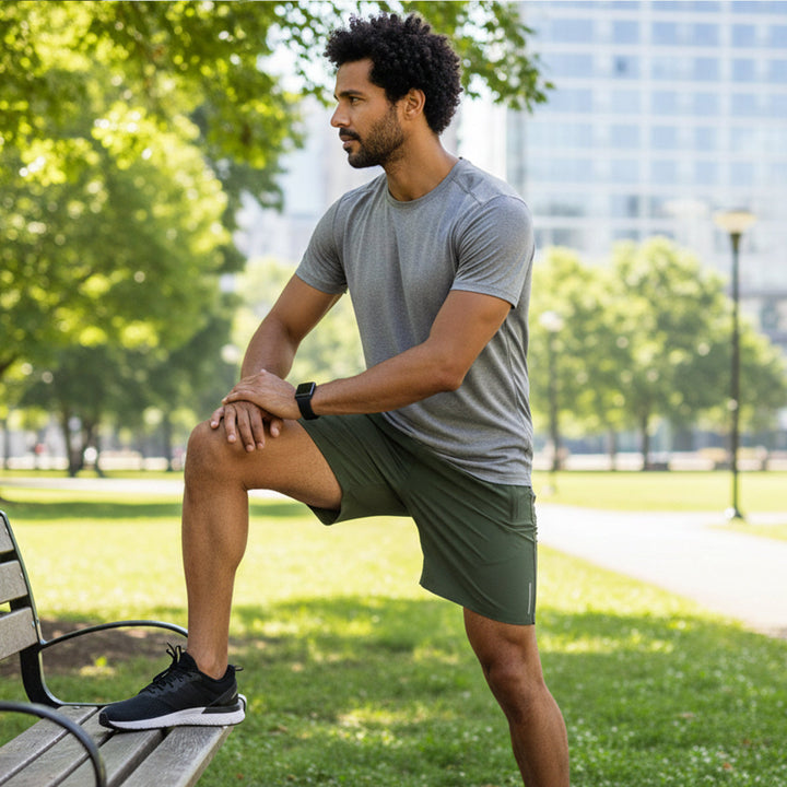 Man in olive green running shorts with pockets stretching in a park