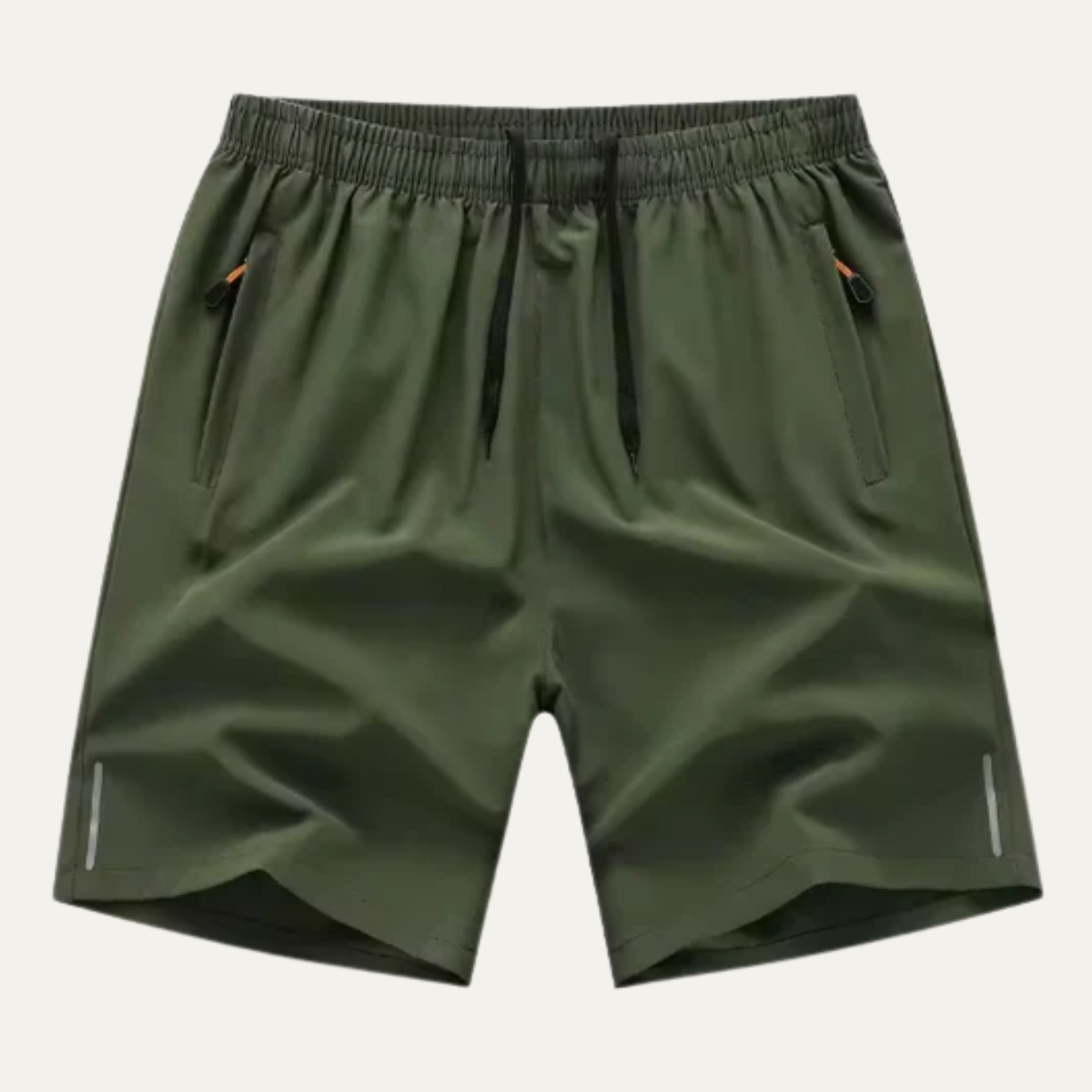 Olive green men's summer running shorts with elastic waist, side pockets, and reflective strips