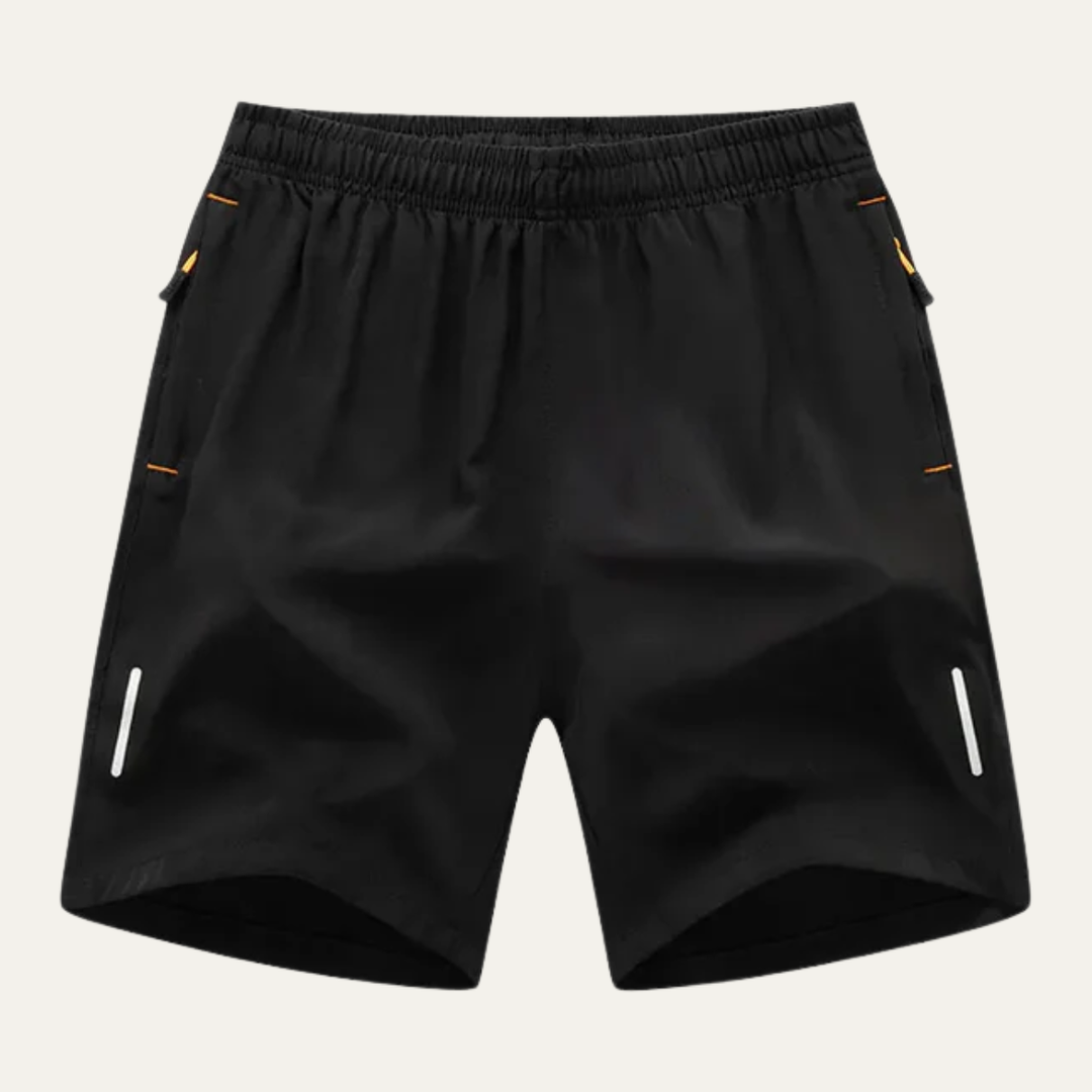 Black men's summer running shorts with elastic waist, side pockets, and reflective strips