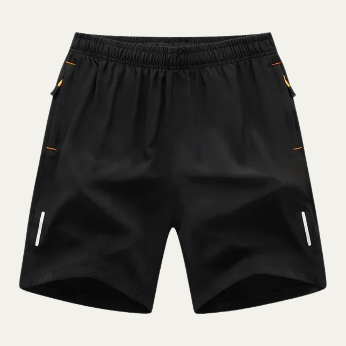 Black men's summer running shorts with elastic waist, side pockets, and reflective strips