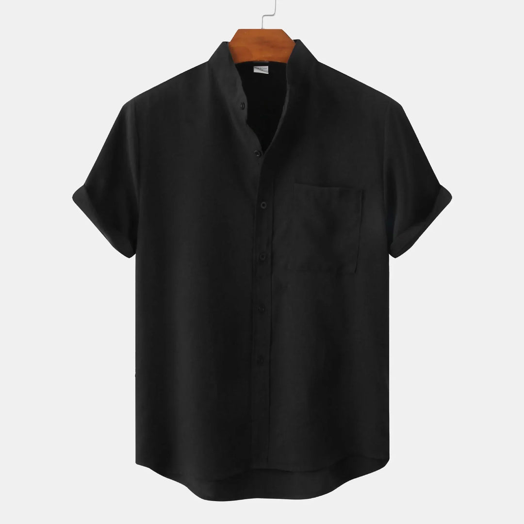 Black men's linen band collar shirt with short sleeves and button front