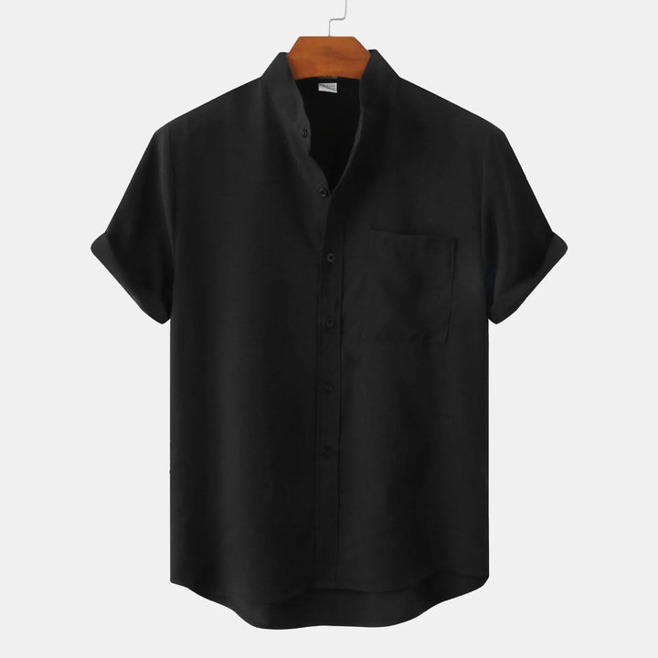 Black men's linen band collar shirt with short sleeves and button front
