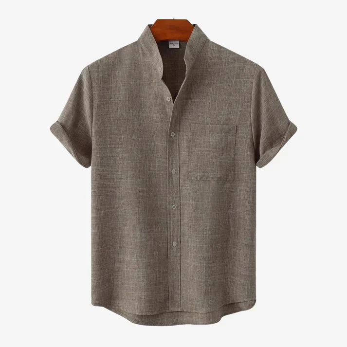 Taupe men's summer linen shirt with band collar, short sleeves, and chest pocket