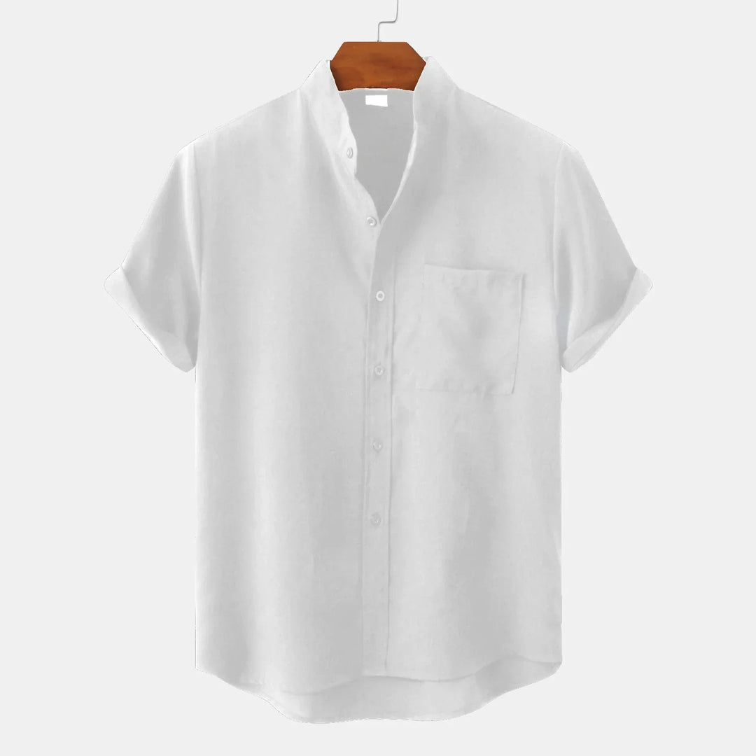White men's linen short sleeve shirt with band collar and front chest pocket