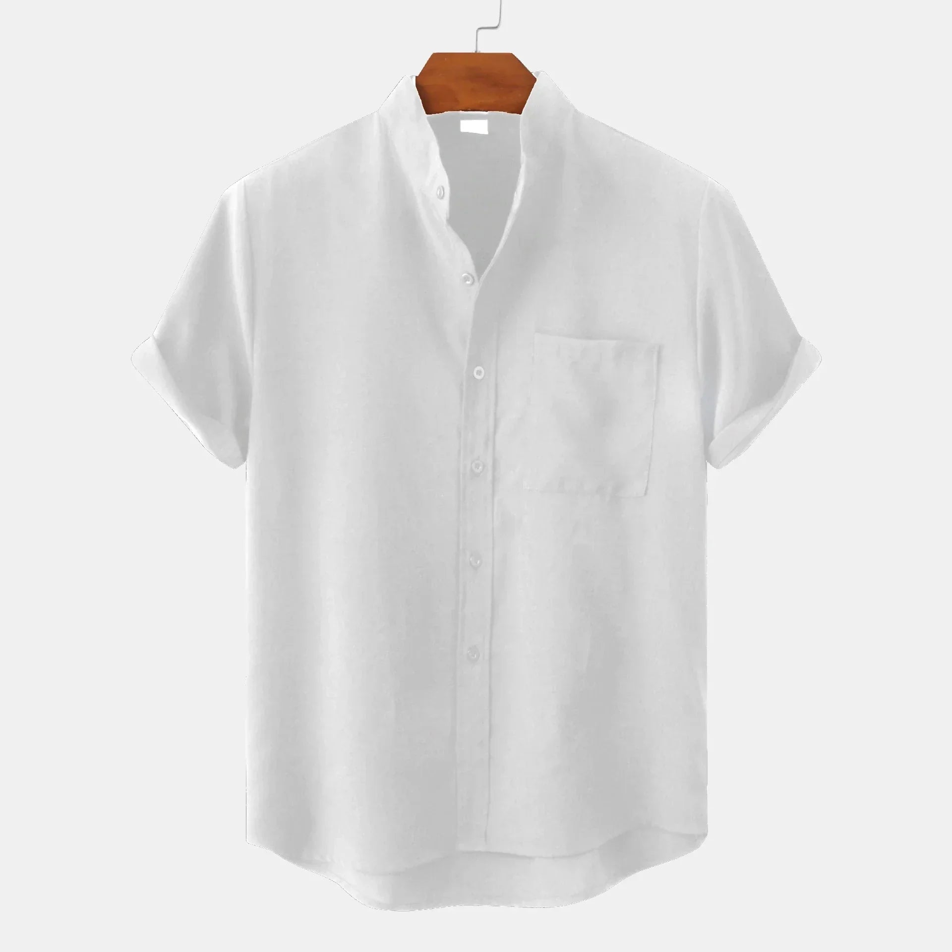White men's linen short sleeve shirt with band collar and front chest pocket