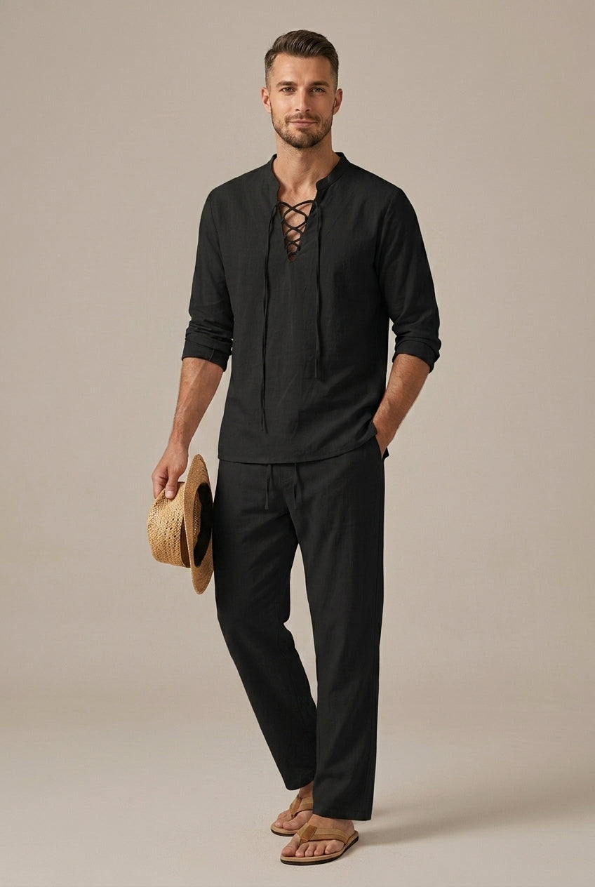Black men's summer linen blend set with lace-up V neck shirt, pants, and straw hat