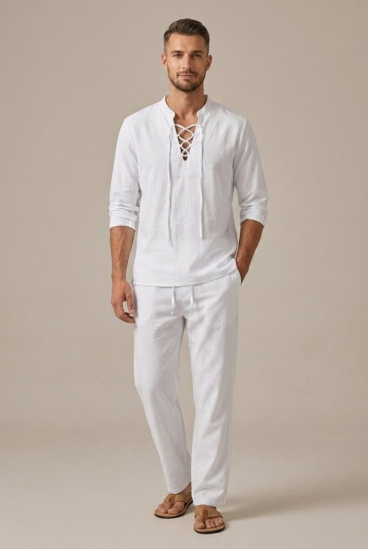 White men's linen blend set with lace-up V neck shirt and drawstring pants, full body view