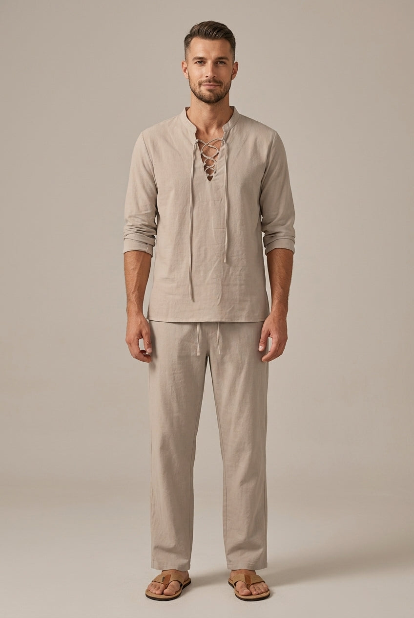 Beige men's linen blend set with lace-up V neck shirt and straight leg pants, front view