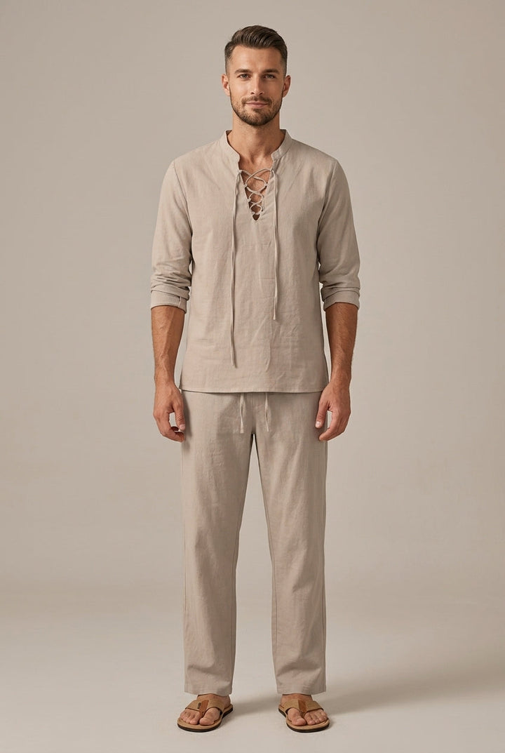 Beige men's linen blend set with lace-up V neck shirt and straight leg pants, front view
