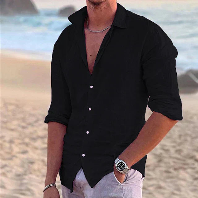 Black men's linen button down long sleeve shirt with open collar and rolled sleeves
