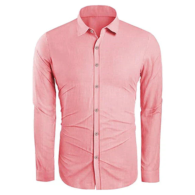 Front view of a pink long sleeve linen button down shirt with classic collar and fit