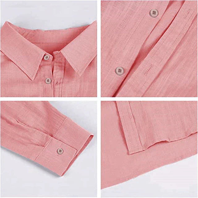 Close-up detail collage of a pink linen shirt showing collar, buttons, cuff, and hem stitching