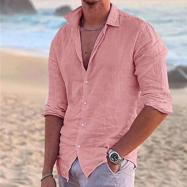 Pink long sleeve linen shirt for men with button front and airy beachwear look