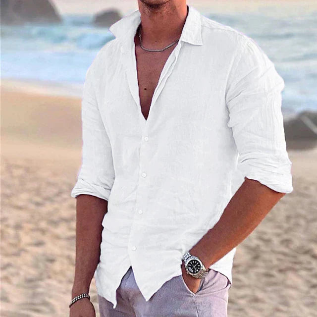 White men's summer linen shirt with rolled sleeves, button front, and relaxed fit