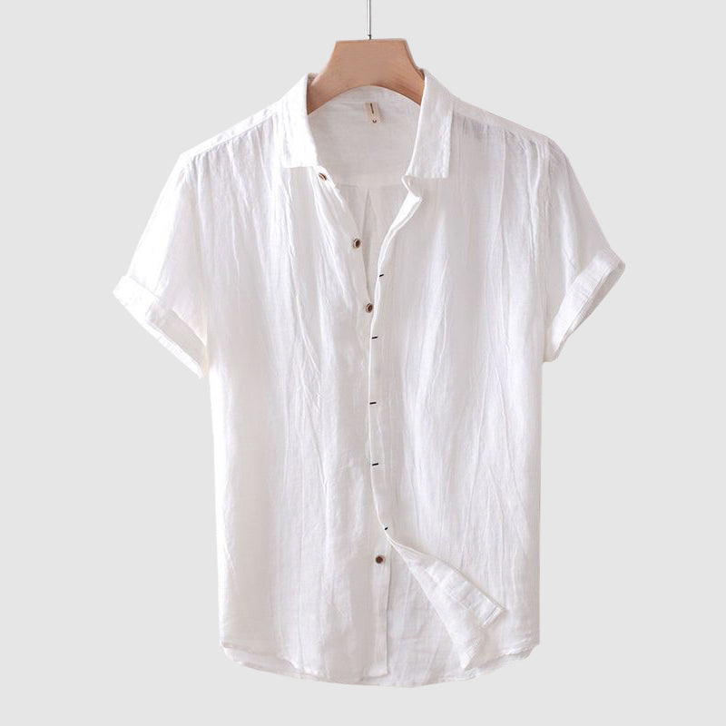 White men's linen shirt with short sleeves, button front, and lightweight summer style