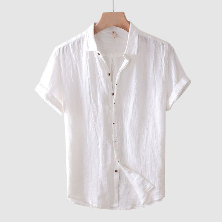 White men's linen shirt with short sleeves, button front, and lightweight summer style