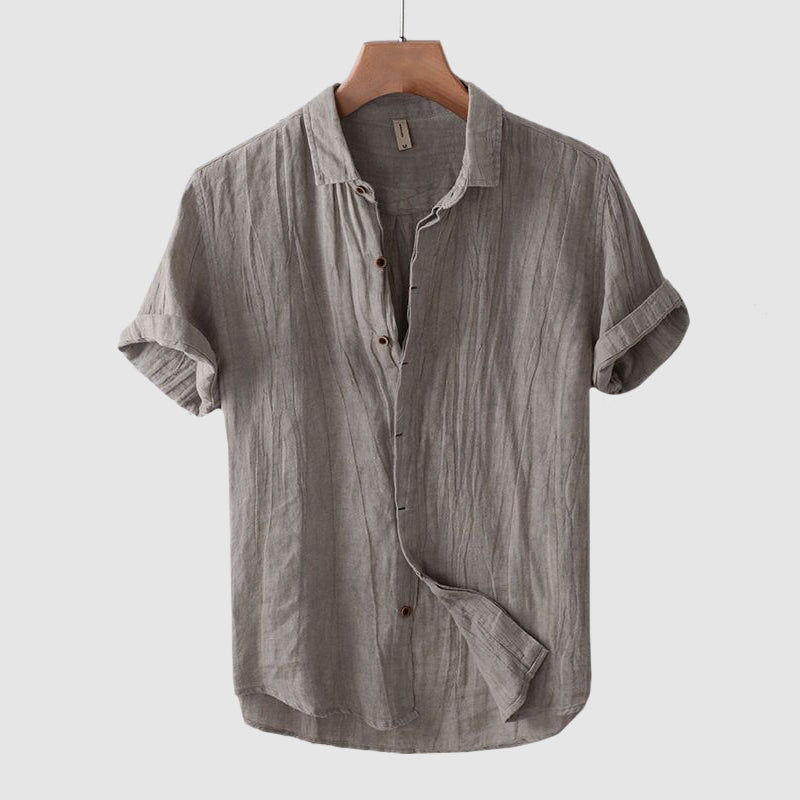 Gray men's summer linen button front shirt with short sleeves and relaxed casual fit