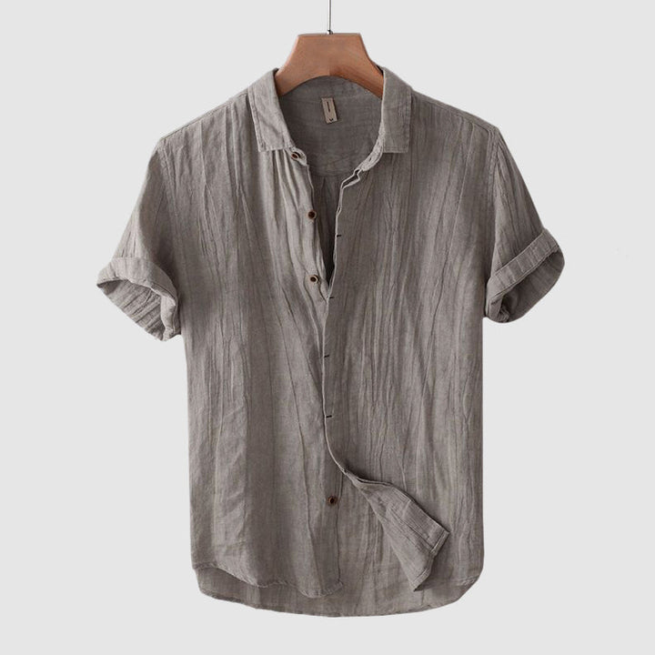 Gray men's summer linen button front shirt with short sleeves and relaxed casual fit